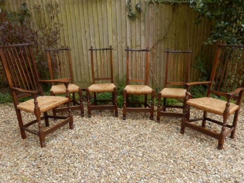 Dining Chairs, Set of 6 Arts and Crafts. Solid Oak with Rush Seats.