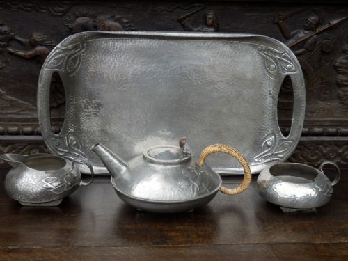 Tudric Tea Set Designed by Archibold Knox, Tea Pot, Sugar Bowl, Milk Jug and Tray