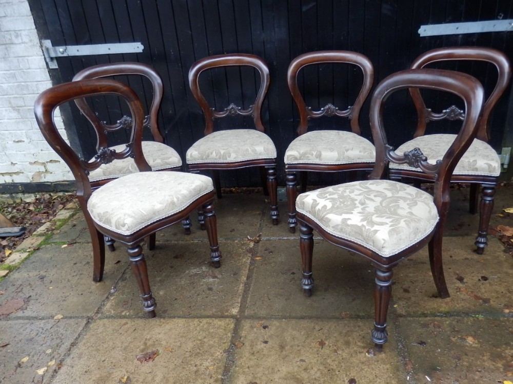 Dining chairs, set of 6 balloon backs, mahogany, Victorian, new upholstery.