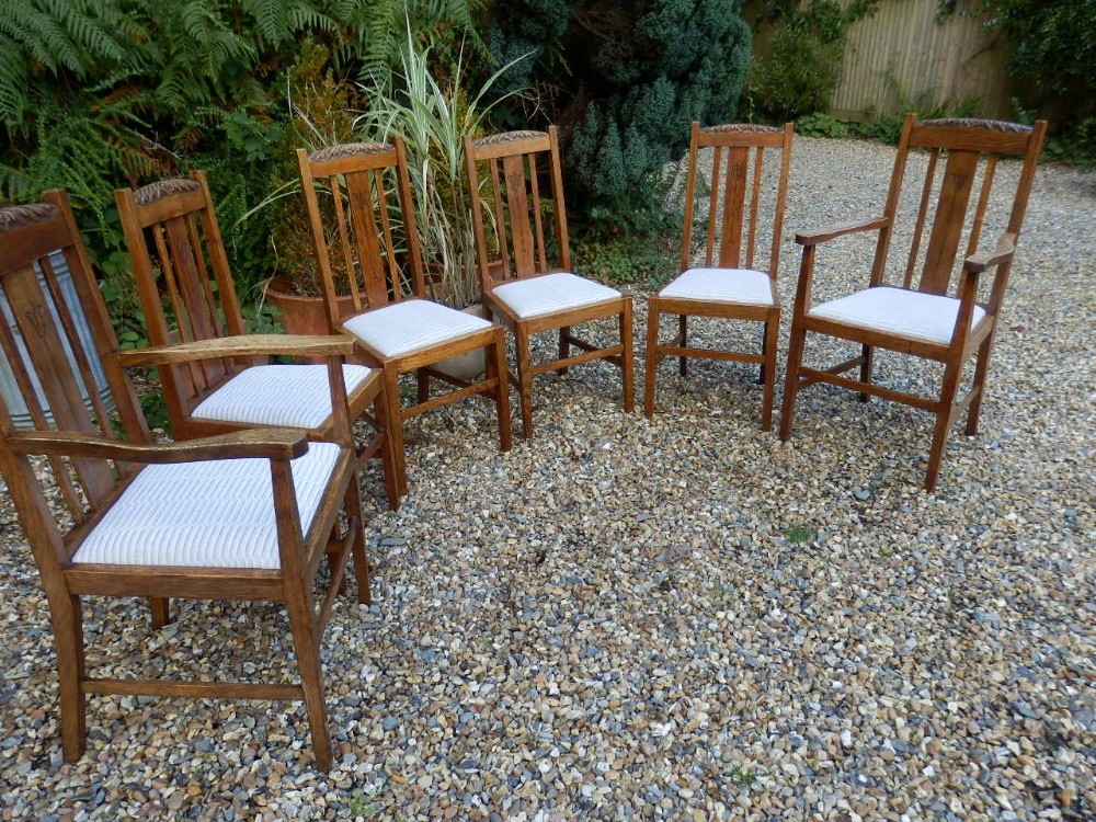 Dining chairs, Arts and Crafts, set of 6, solid oak.