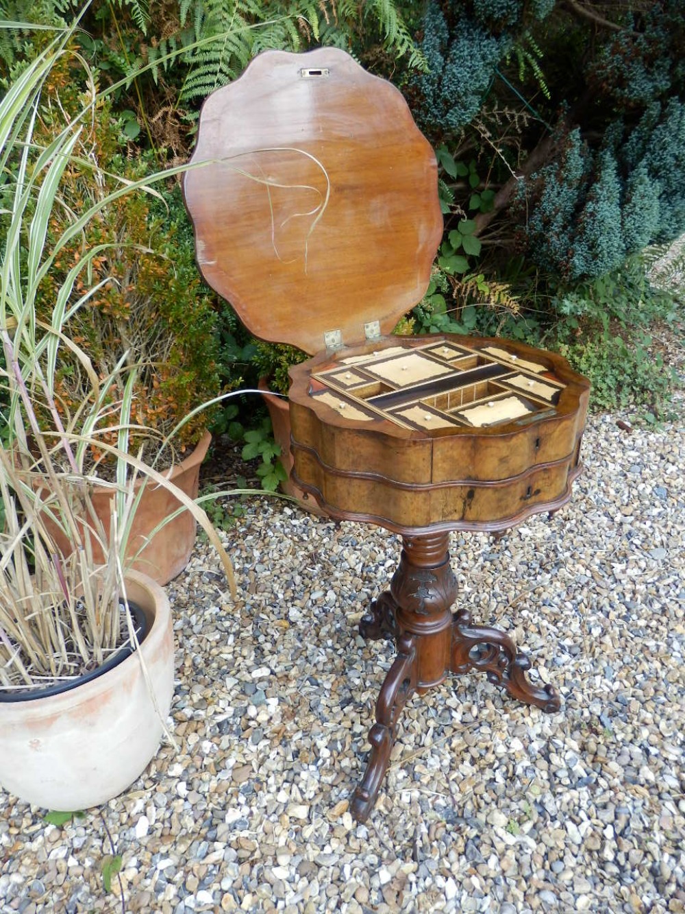 Needlework table, Victorian, Burr Walnut.