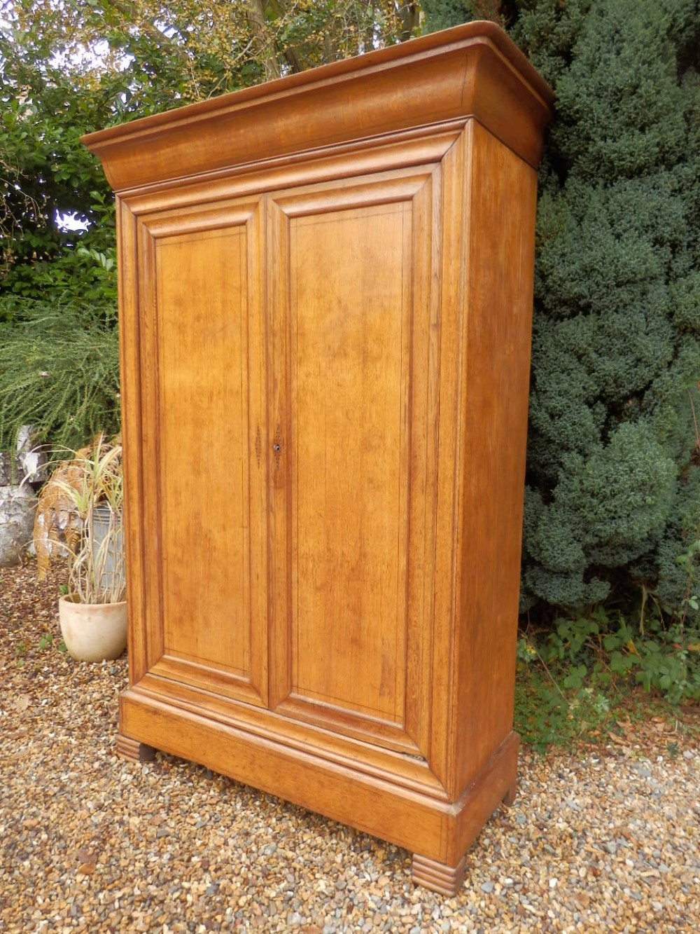 Armoire, wardrobe, French, Louis Phillipe, solid oak with ebony inlay. Beautiful condition.