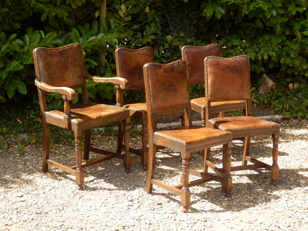 Dining chairs, 1930's, oak and leather