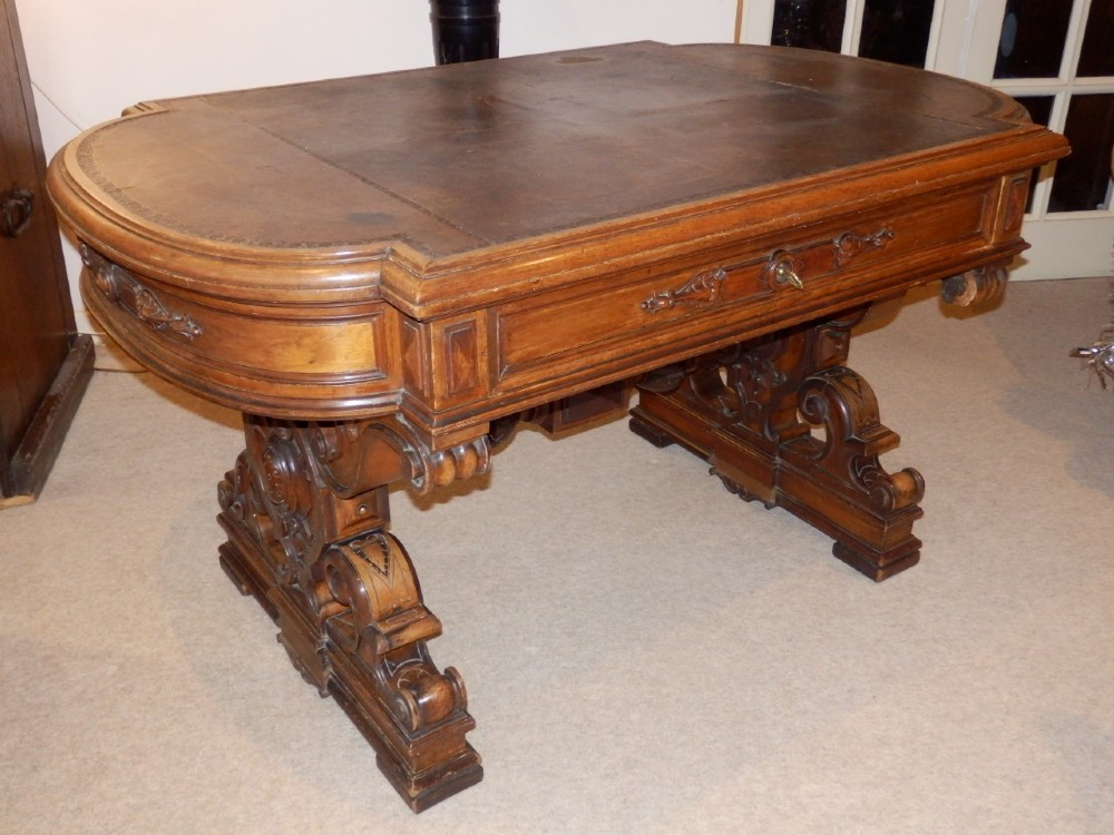 French ornate leather top desk. Hall table