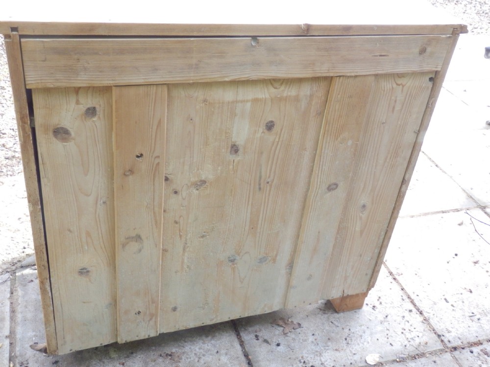 A Victorian pine dresser base with a top drawer, two arched recessed cupboard doors, turned wooden knobs, and brass escutcheons. View II