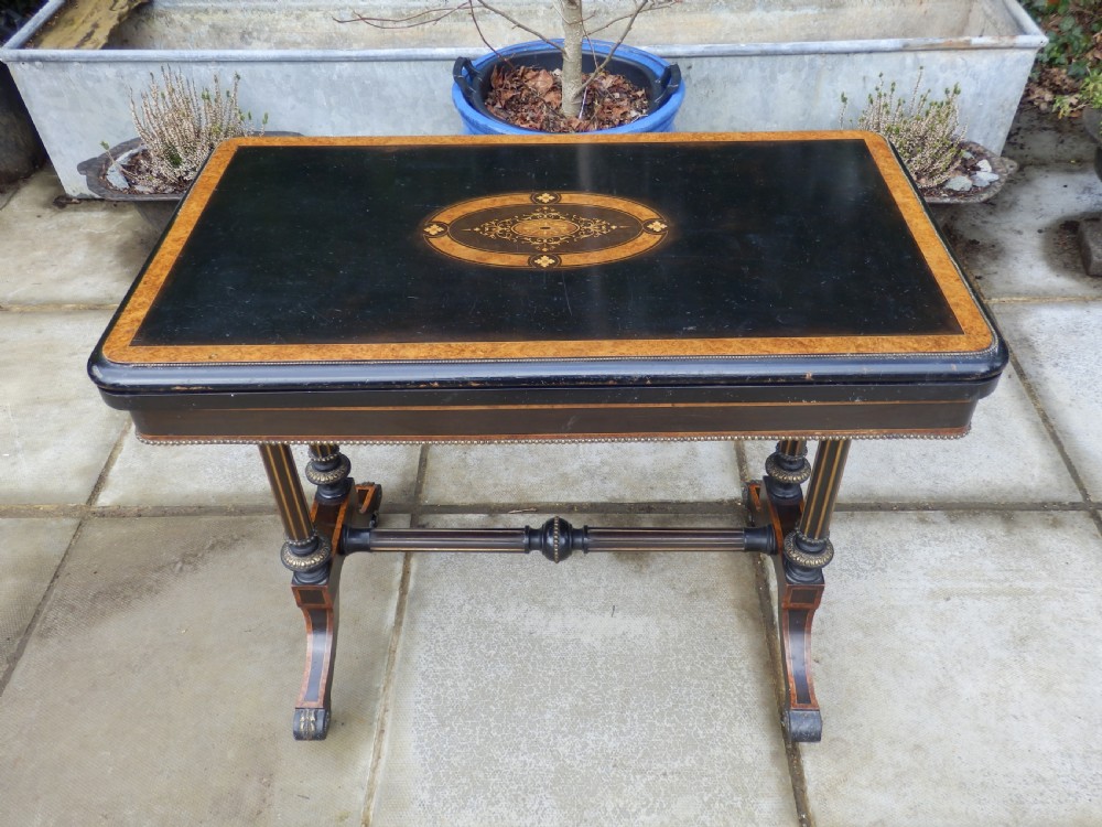 Victorian card table, ebonised and bur wood View VII