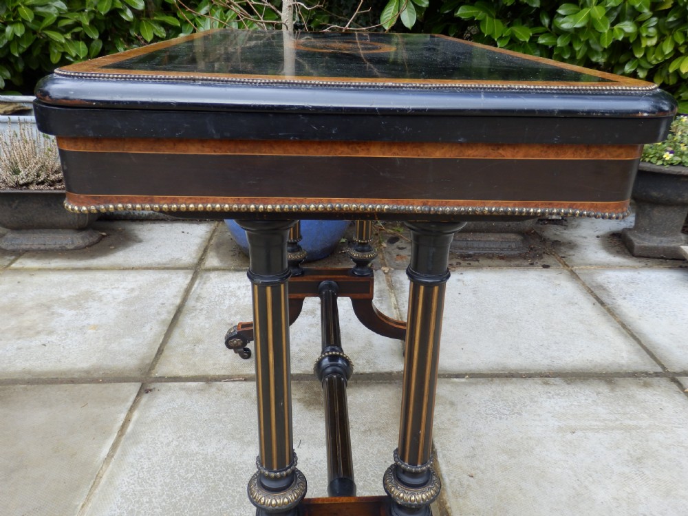 Victorian card table, ebonised and bur wood View X