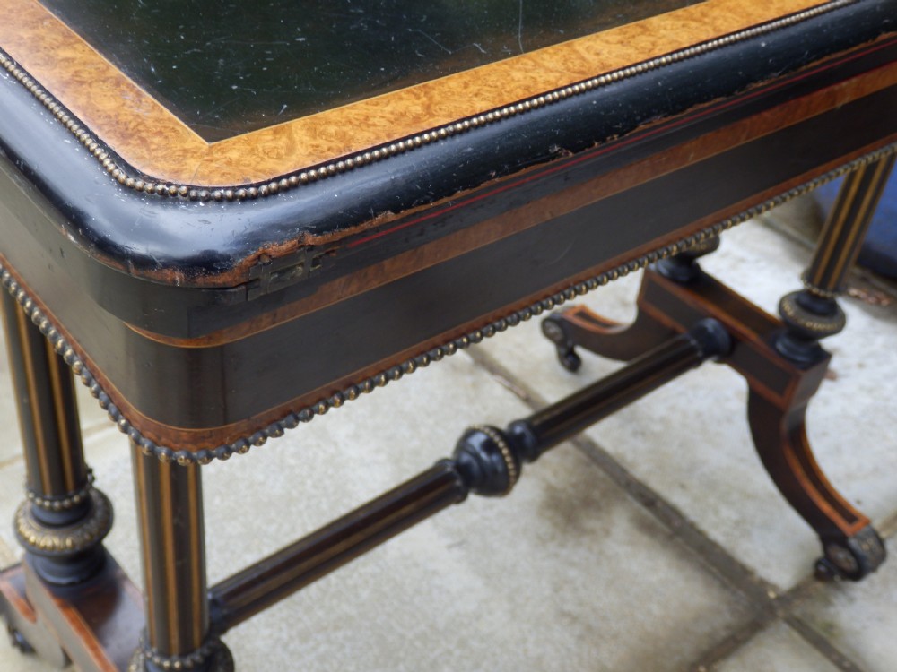 Victorian card table, ebonised and bur wood View XII