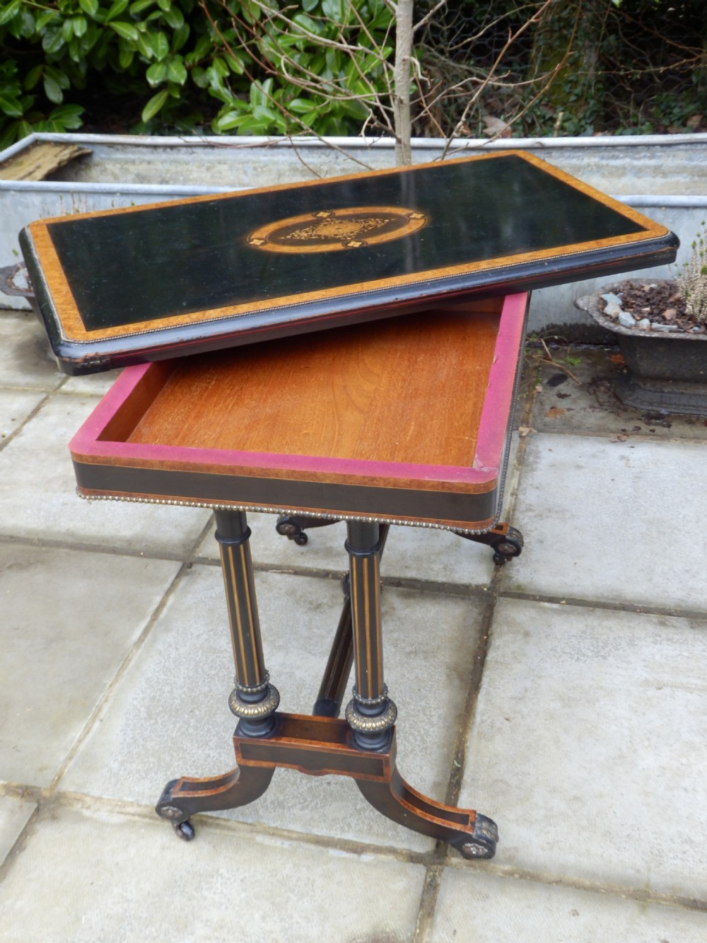 Victorian card table, ebonised and bur wood