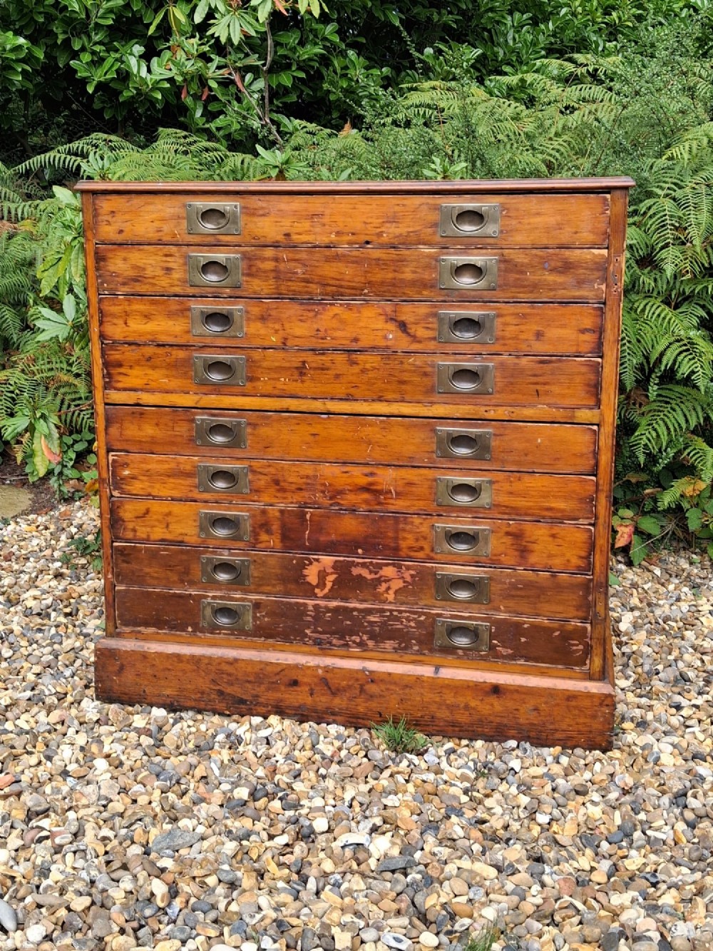 A solid pine architects plan chest featuring ten wide, shallow drawers fitted with inset brass flush pull handles. View V