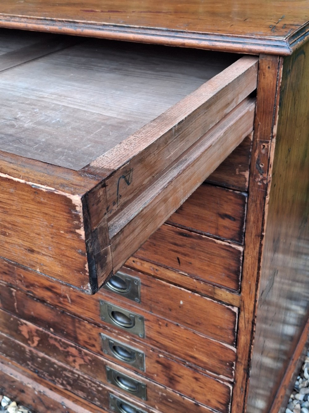 A solid pine architects plan chest featuring ten wide, shallow drawers fitted with inset brass flush pull handles. View VIII