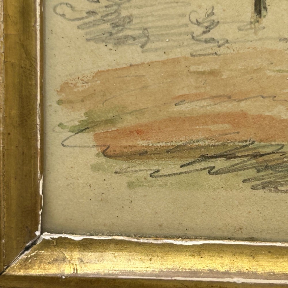 An antique watercolour portrait of a child wearing a green dress framed in figured maple wood with a gilded inner rim. View IX