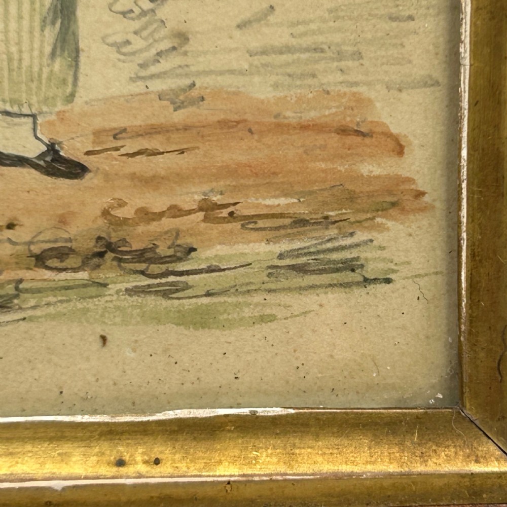 An antique watercolour portrait of a child wearing a green dress framed in figured maple wood with a gilded inner rim. View X