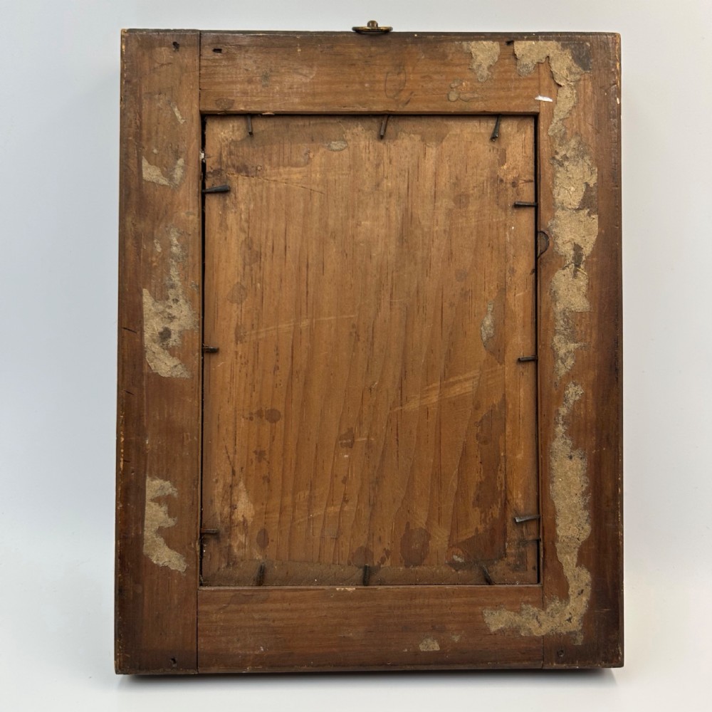 An antique watercolour portrait of a child wearing a green dress framed in figured maple wood with a gilded inner rim. View XIII