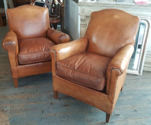 
Pair of Antique French Leather Armchairs
