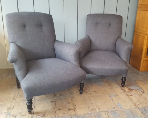 French Pair of Antique Charcoal Grey Armchairs