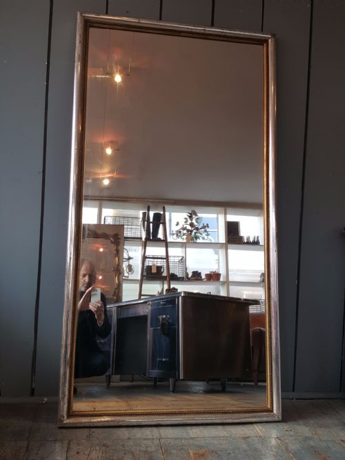 Antique Large French Silver Gilded Bistro Mirror