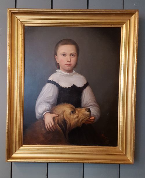 Large Antique French Portrait of Girl and Dog