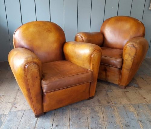 Large Vintage French Leather Armchairs C1930