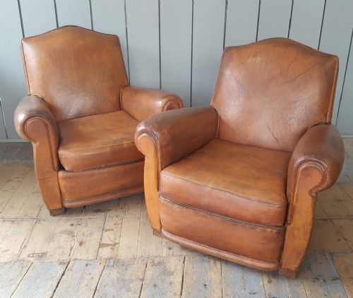 Pair of 1930s Leather French Club Chairs