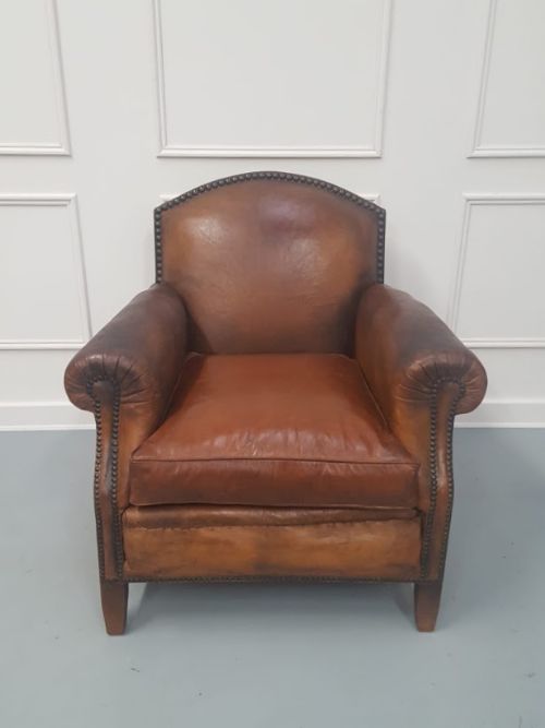 Large French Leather Club Library Armchair C1920