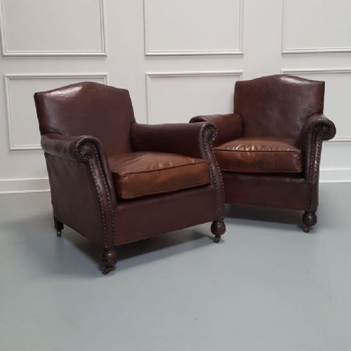 Beautiful Pair of French Leather Club Armchairs C1930
