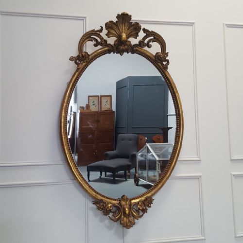 Huge Antique Gilded French Oval Mirror