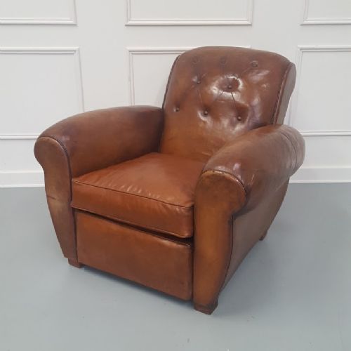 Large French Buttoned Leather Club Chair C1930