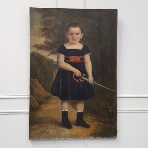 Large Striking  Antique Oil Painting of Boy with Sword