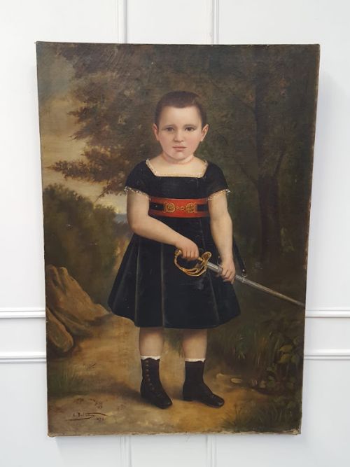fig 1. Large Striking Antique Oil Painting of Boy with Sword