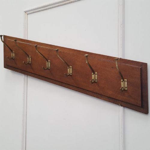 Diagonal 1930s Oak and Brass Coat Hooks