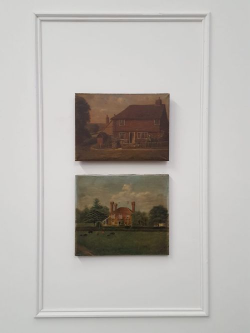 Pair of Primitive Antique Oil Paintings of Houses