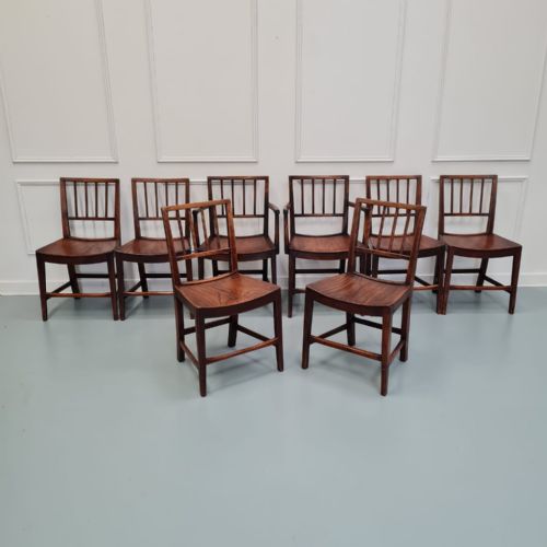 Rare Early Set of Eight Elm Country Antique Dining Chairs C1810
