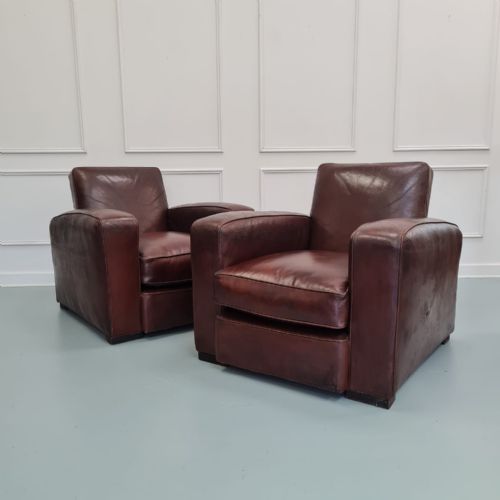Pair of French Art Deco Leather Club Armchairs