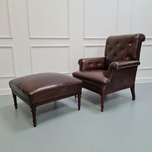 Antique Leather Library Chair with Matching Stool C1870