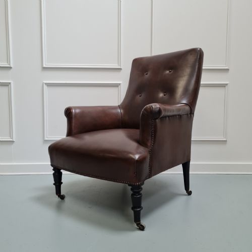 Antique Leather Library Chair and Stool C1900