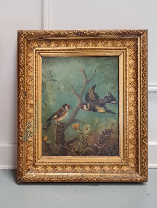 Beautiful Antique Oil Painting of Goldfinch Birds