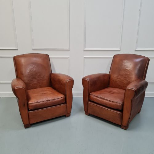 1930s French Leather Club Chairs