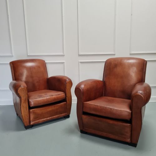 Lovely Pair of 1930s French Leather Club Chairs
