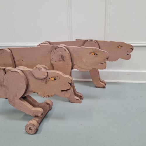 THREE ANTIQUE LARGE WOODEN TOY LIONESSES - ADDITIONAL PHOTO 1