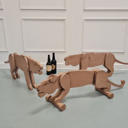 THREE ANTIQUE LARGE WOODEN TOY LIONESSES - ADDITIONAL PHOTO 6