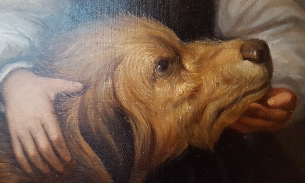 Large Antique French Portrait of Girl and Dog View II
