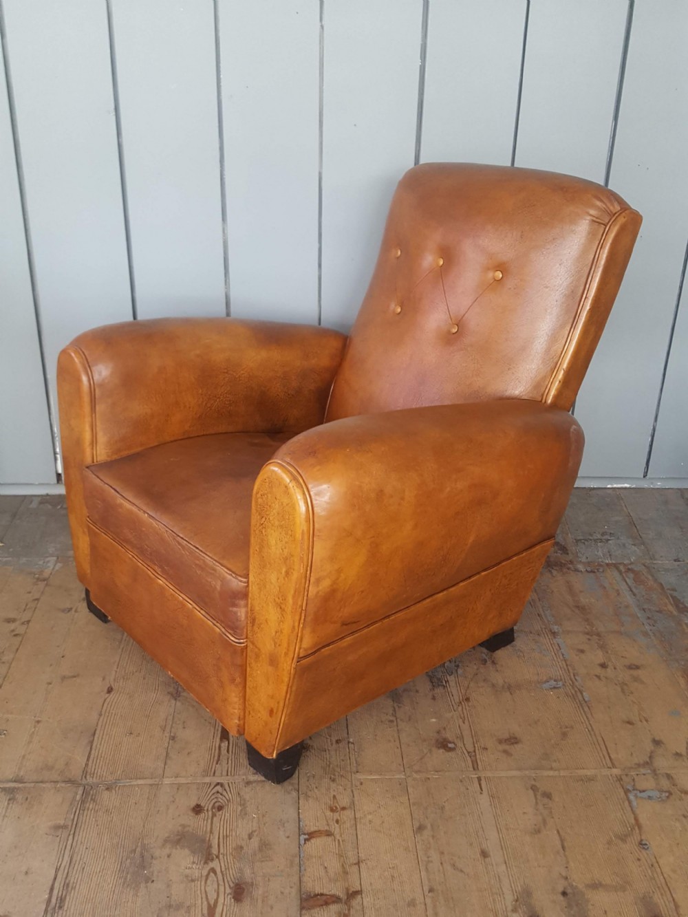 French Leather Button Back Armchair 1930 View III