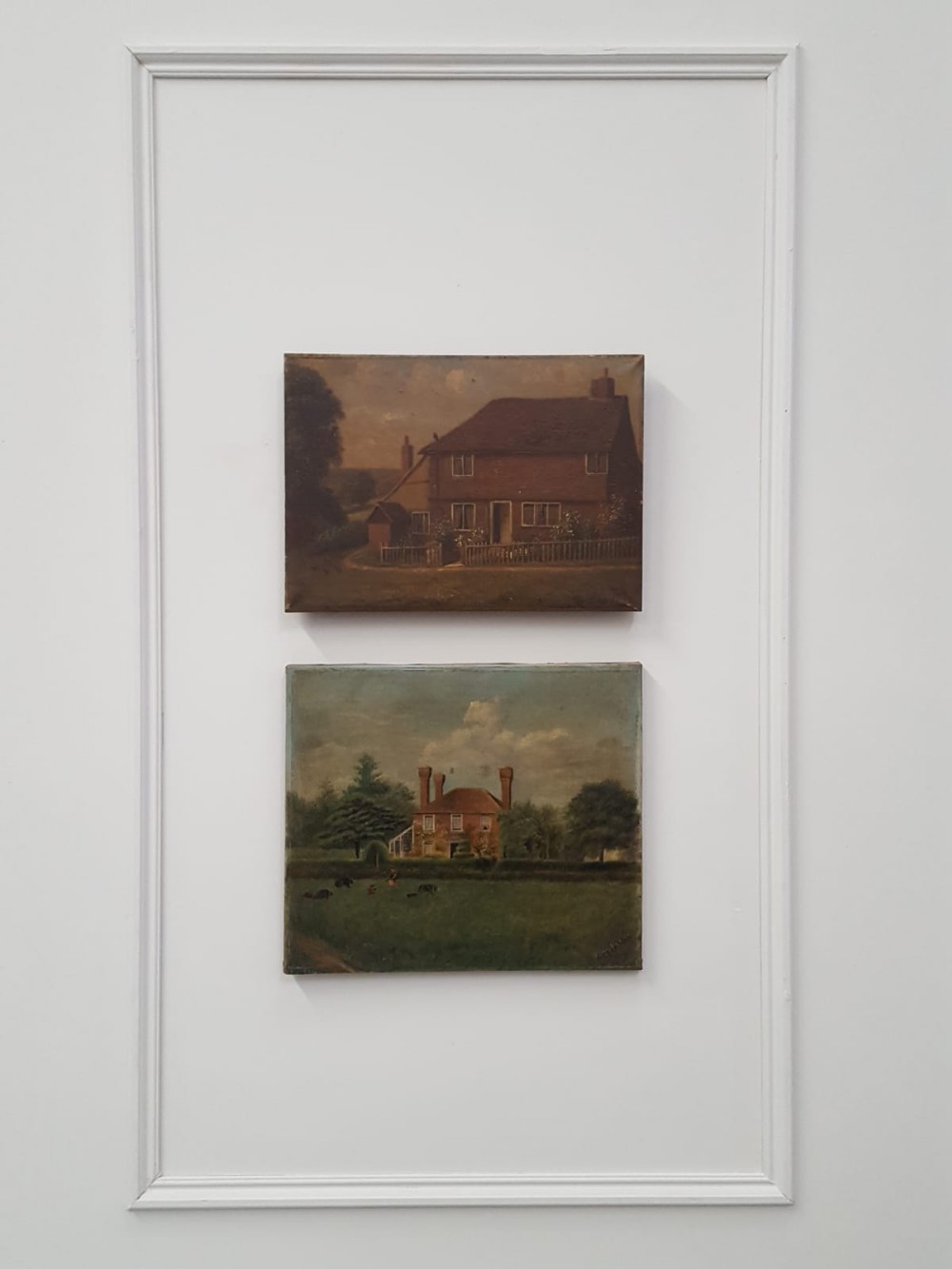 Pair of Primitive Antique Oil Paintings of Houses