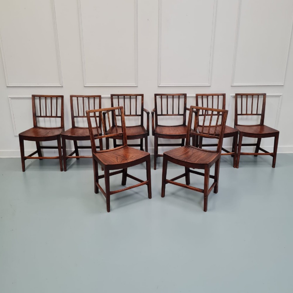 Rare Early Set of Eight Elm Country Antique Dining Chairs c1810