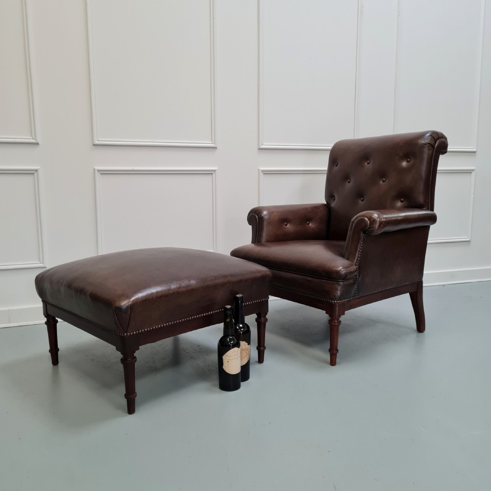 Antique Leather Library Chair with Matching Stool c1870 View II