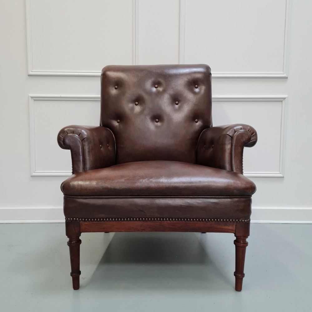 Antique Leather Library Chair with Matching Stool c1870 View III