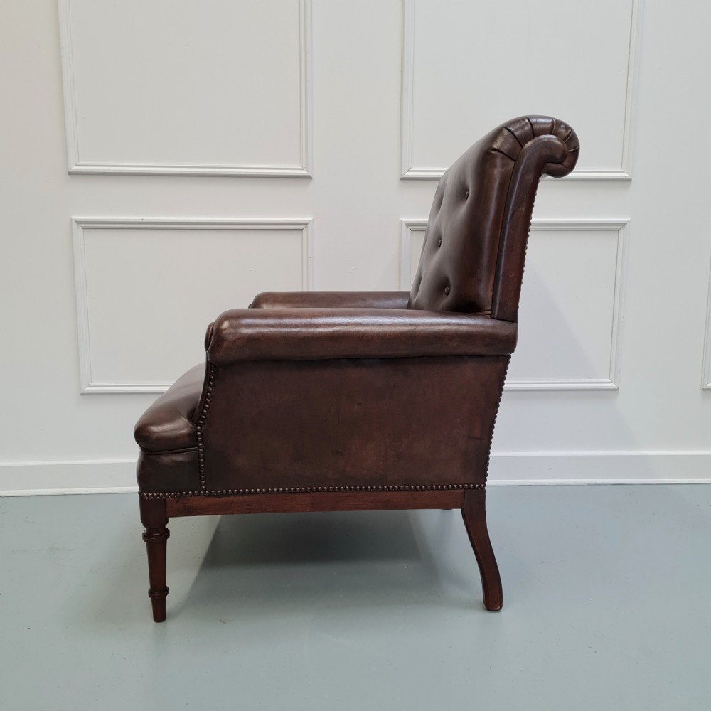 Antique Leather Library Chair with Matching Stool c1870 View V