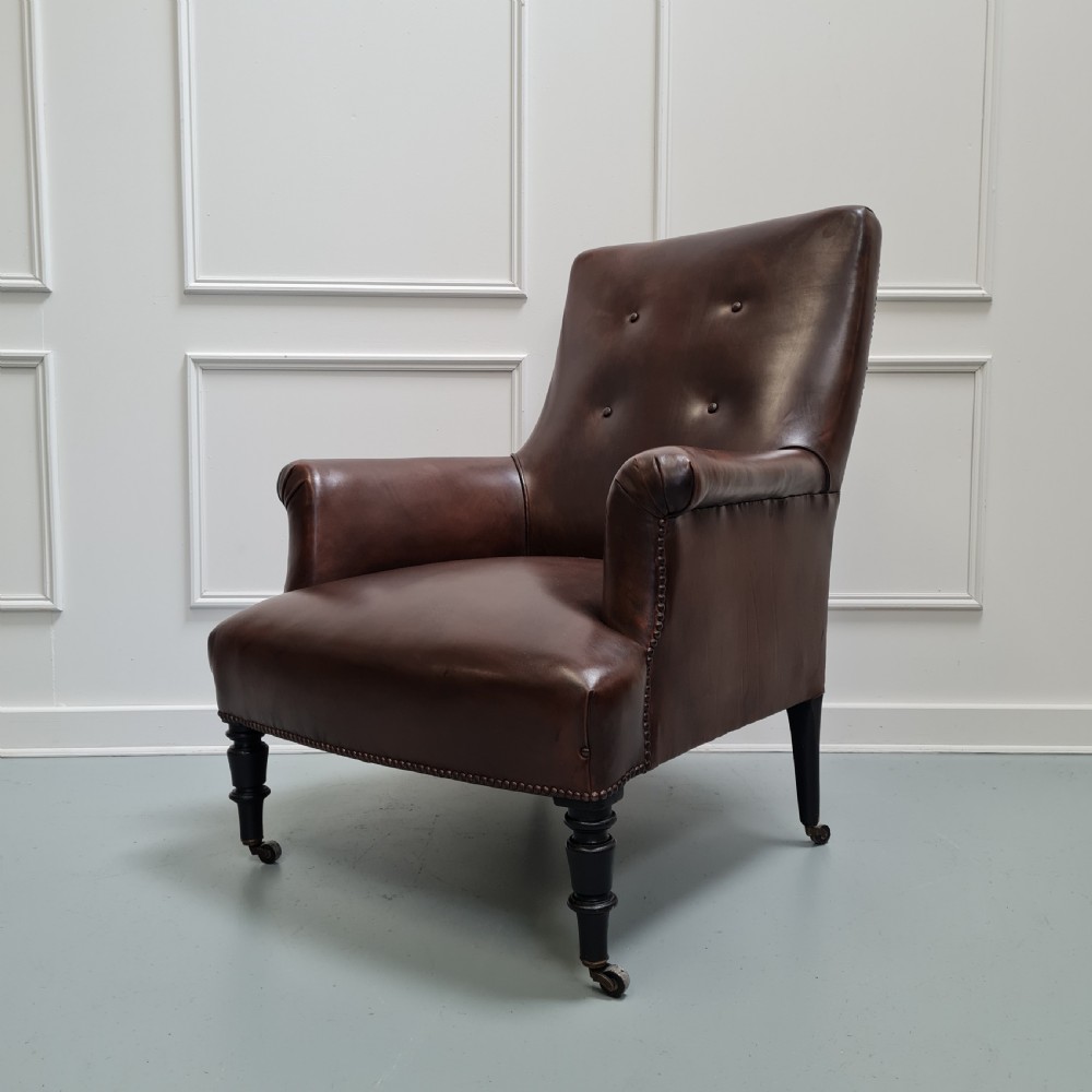 Antique Leather Library Chair and Stool C1900