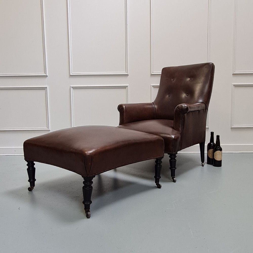Antique Leather Library Chair and Stool C1900 View II